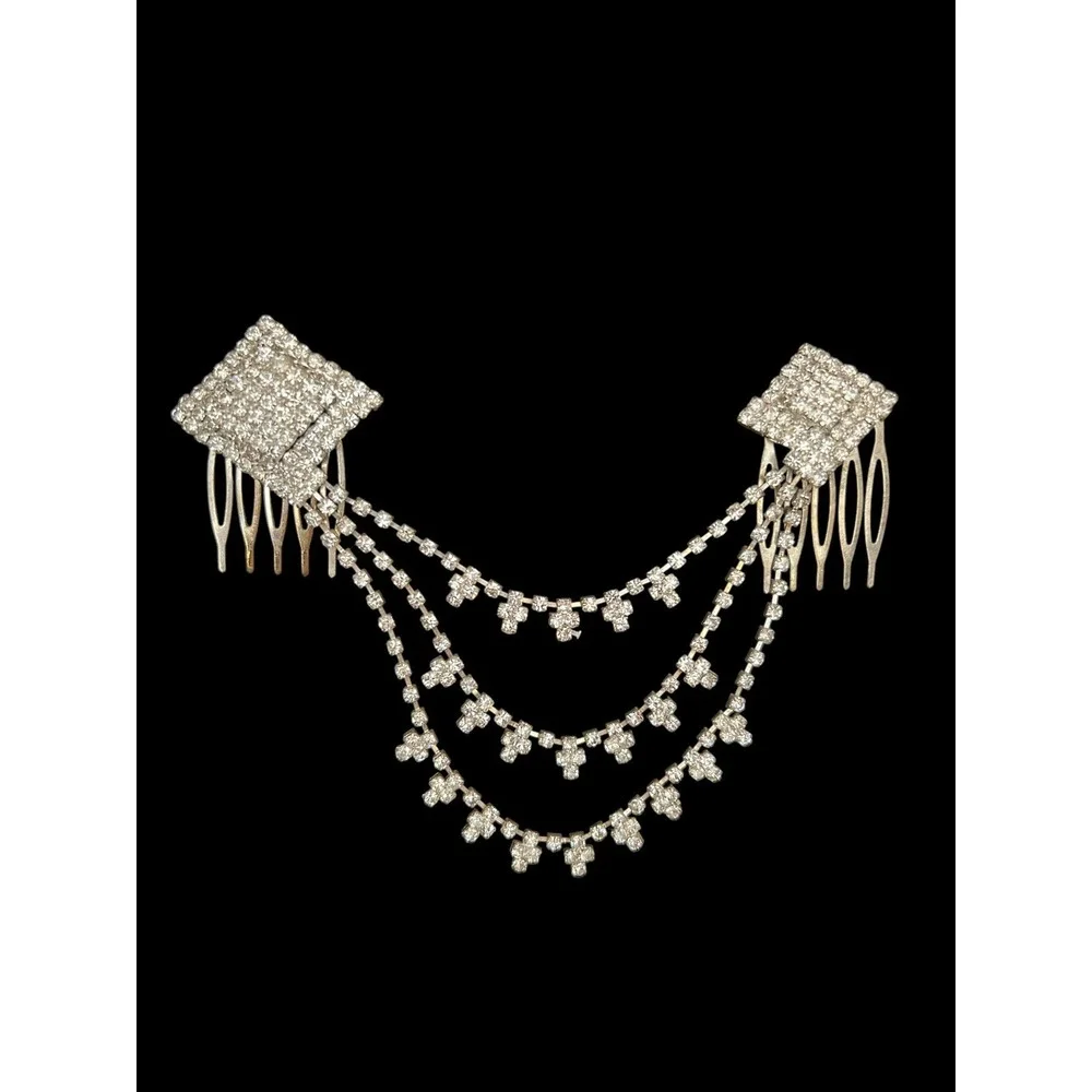 Wedding Bridal Crystal Hair Combs Side Do Silver Rhinestone Linked Comb Set NOS